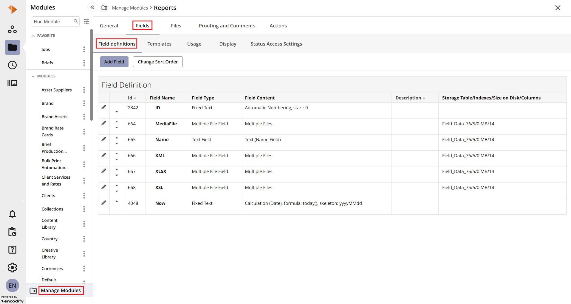 Image displaying Field Definition configuration page
